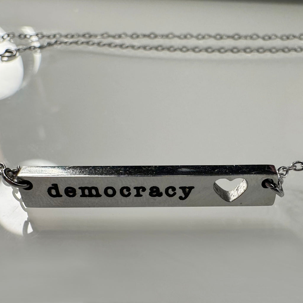 Democracy Love Cutout Heart Bar Necklace