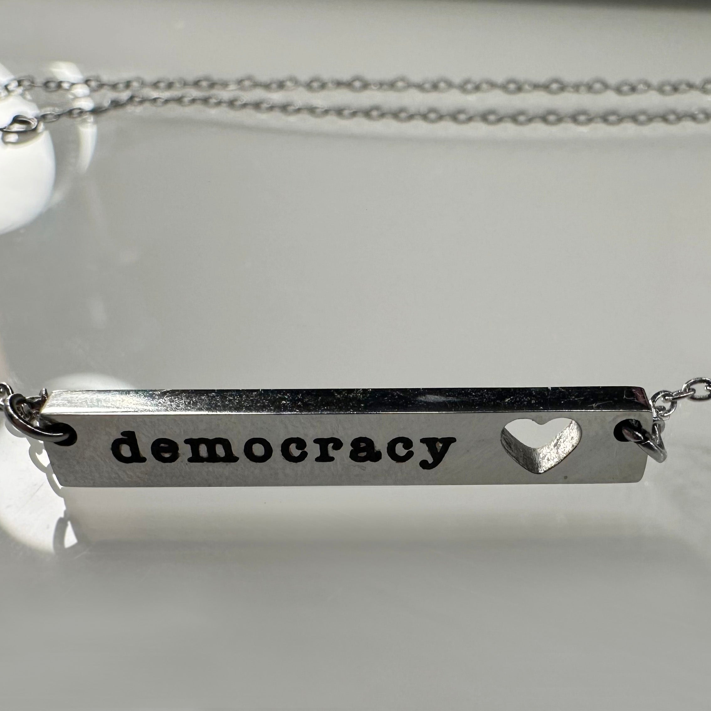 Democracy Love Cutout Heart Bar Necklace