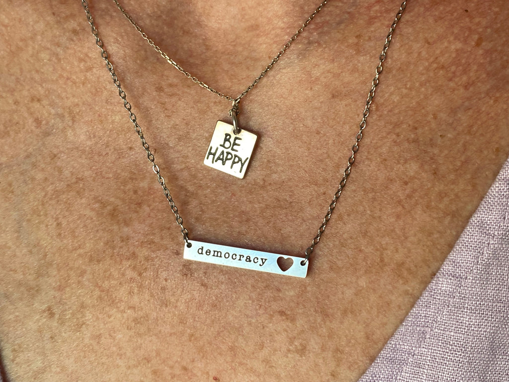 Democracy Love Cutout Heart Bar Necklace