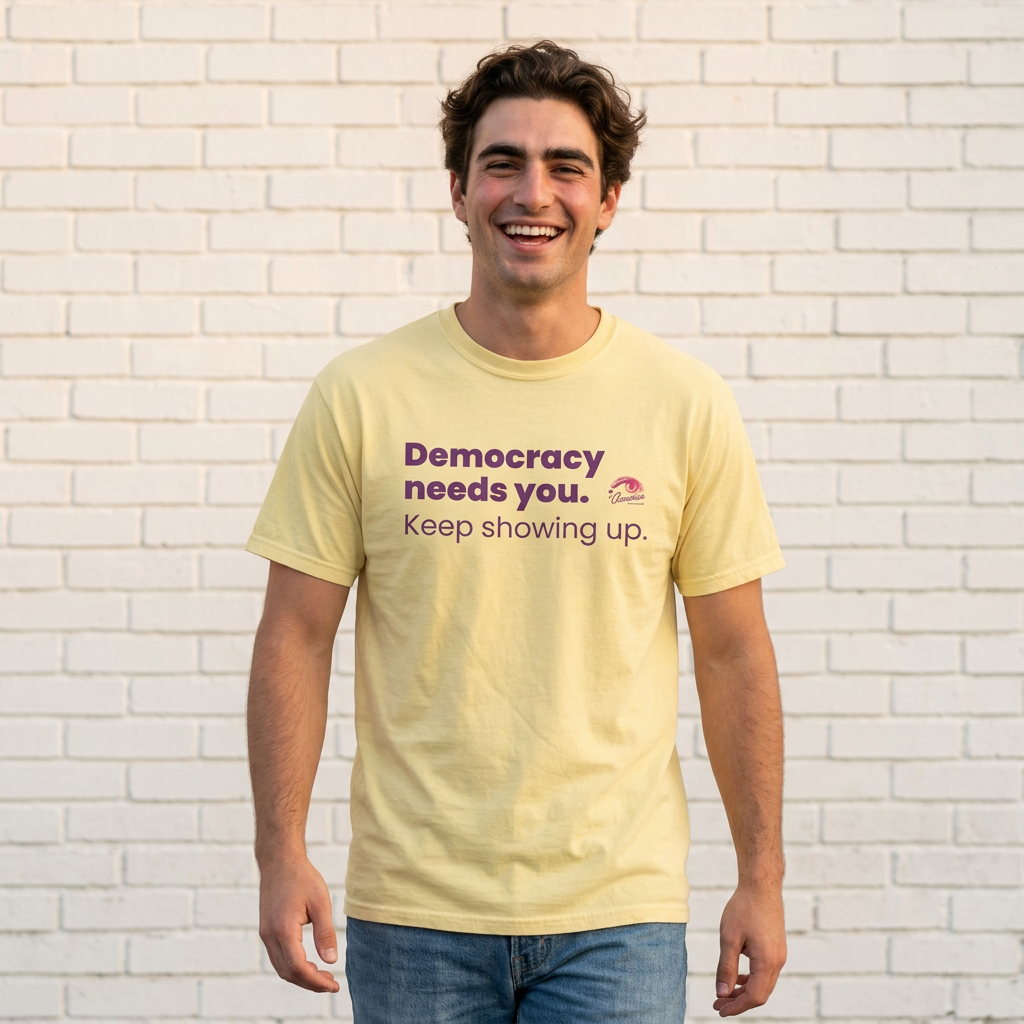 "Democracy Needs You" T-Shirt — "Keep Showing Up" Voter Engagement Tee
