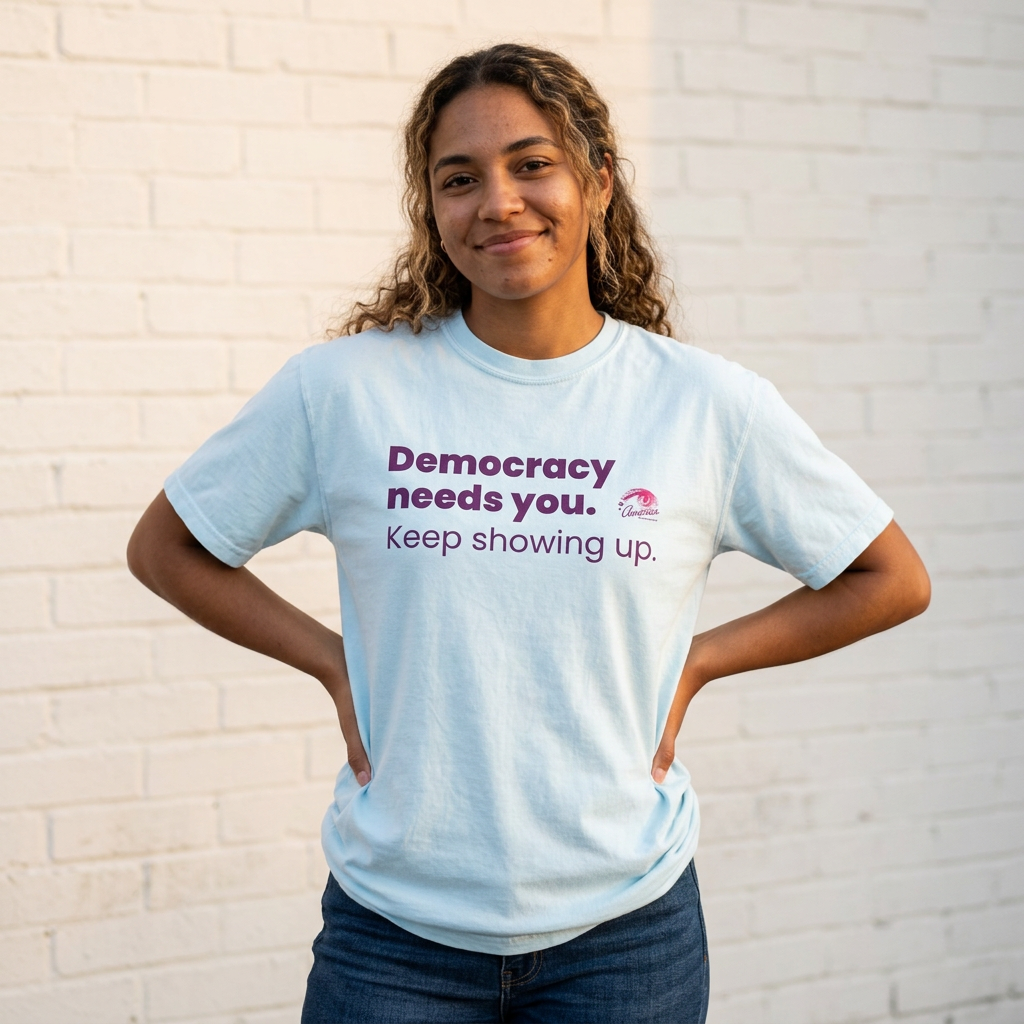 "Democracy Needs You" T-Shirt — "Keep Showing Up" Voter Engagement Tee
