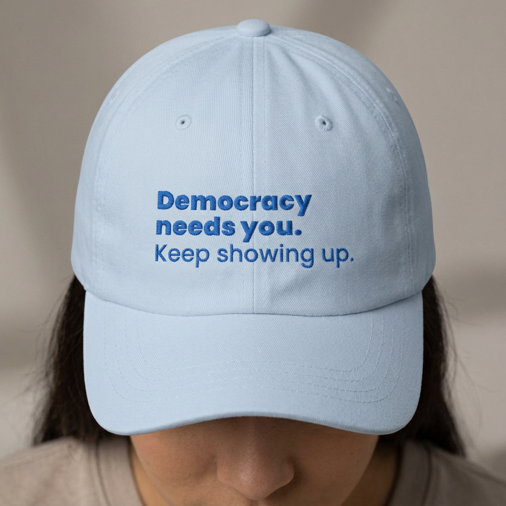 "Democracy needs you. Keep showing up." Embroidered Political Statement Hat — Dad Cap