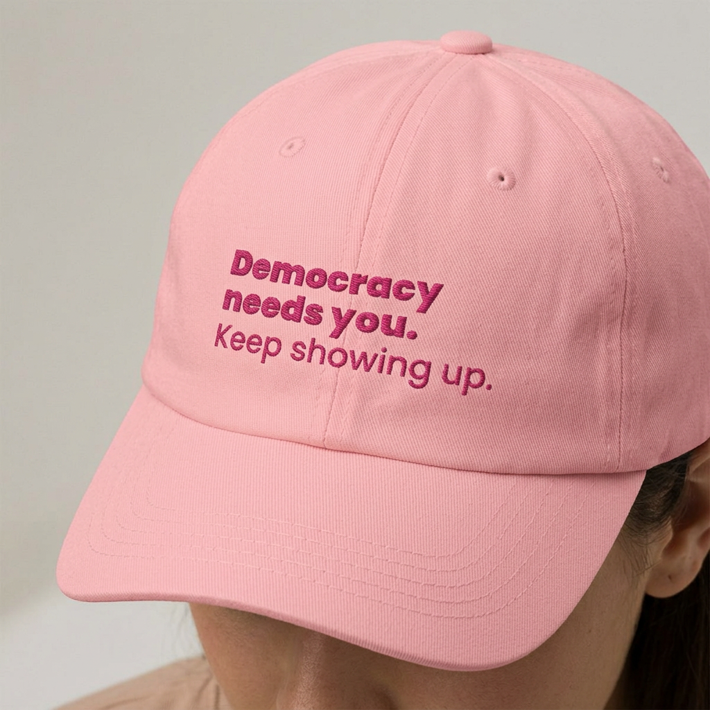 "Democracy needs you. Keep showing up." Embroidered Political Statement Hat — Dad Cap