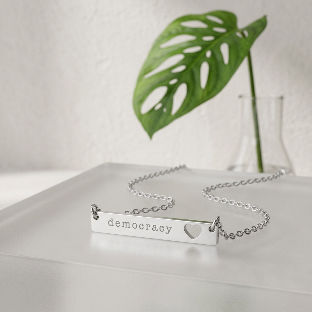 "Love Democracy" Cutout Heart Bar Necklace