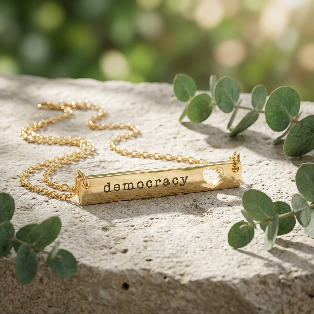 "Love Democracy" Cutout Heart Bar Necklace