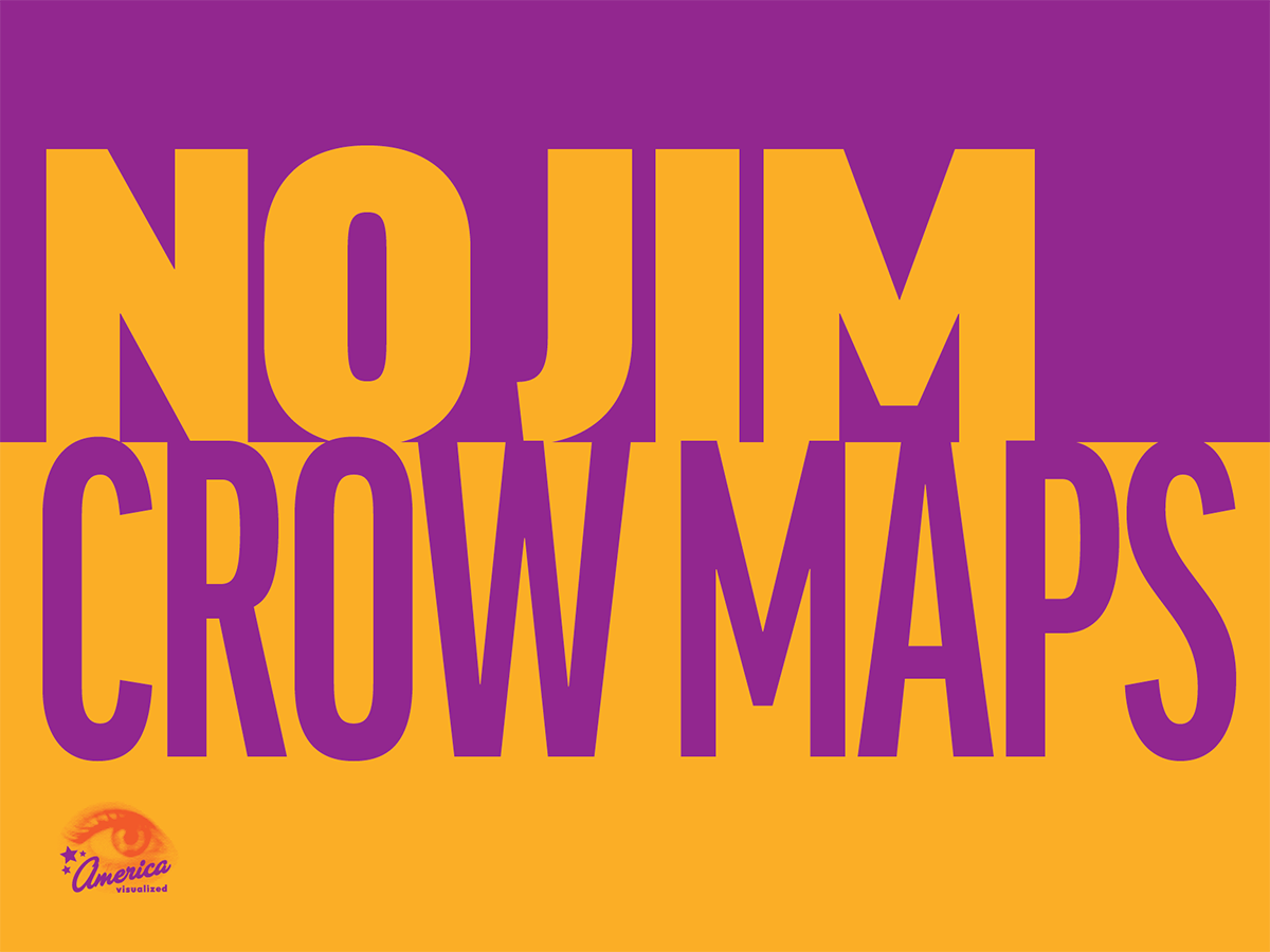 Purple and yellow 'No Jim Crow Maps' text on a purple background with a logo at the bottom left corner.